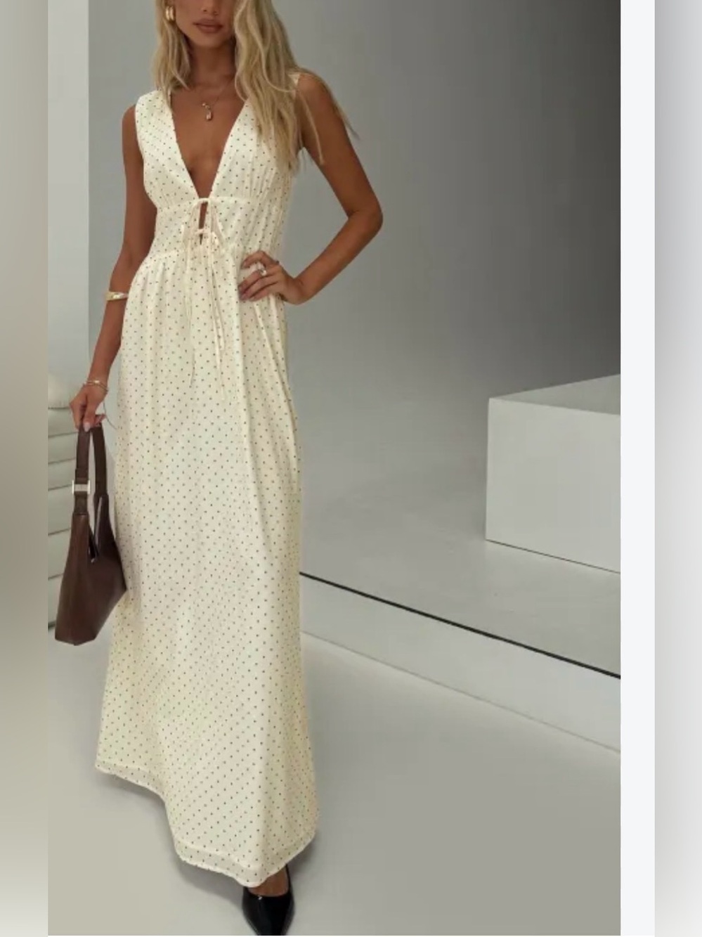 Cream Polka Dot V-Neck Maxi Dress